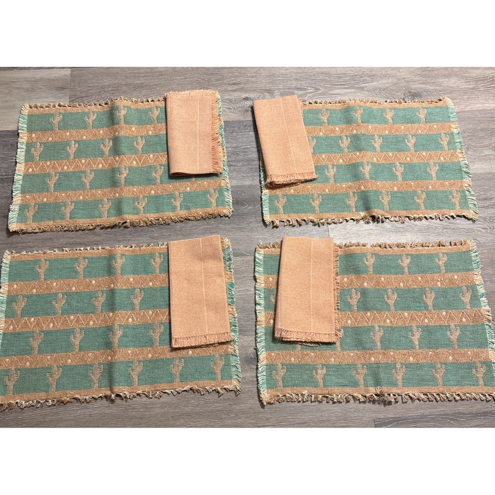 Vintage Southwestern Woven Cactus Placemats & Napkins Set of 4 Reversible Boho